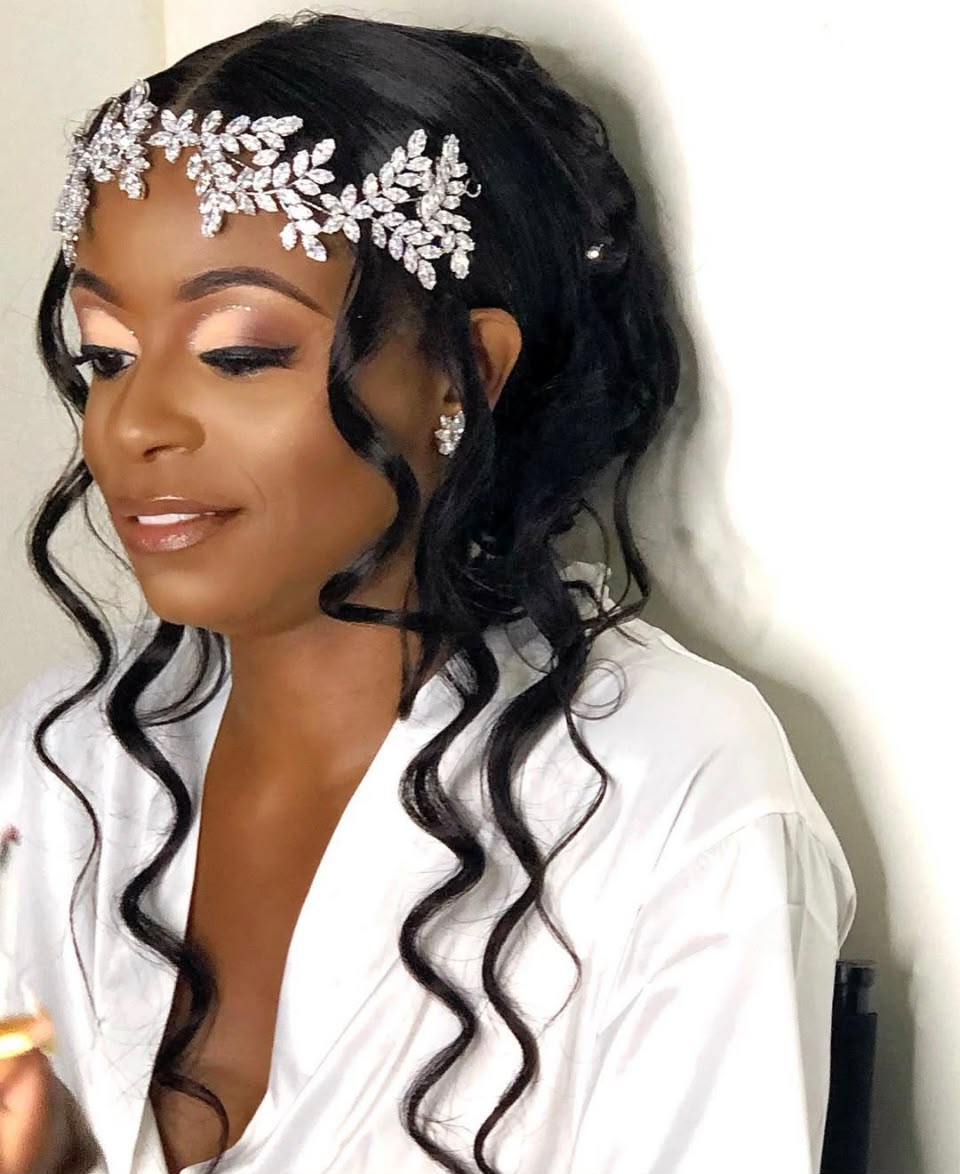 Bridal waves with a crystal leaf headpiece