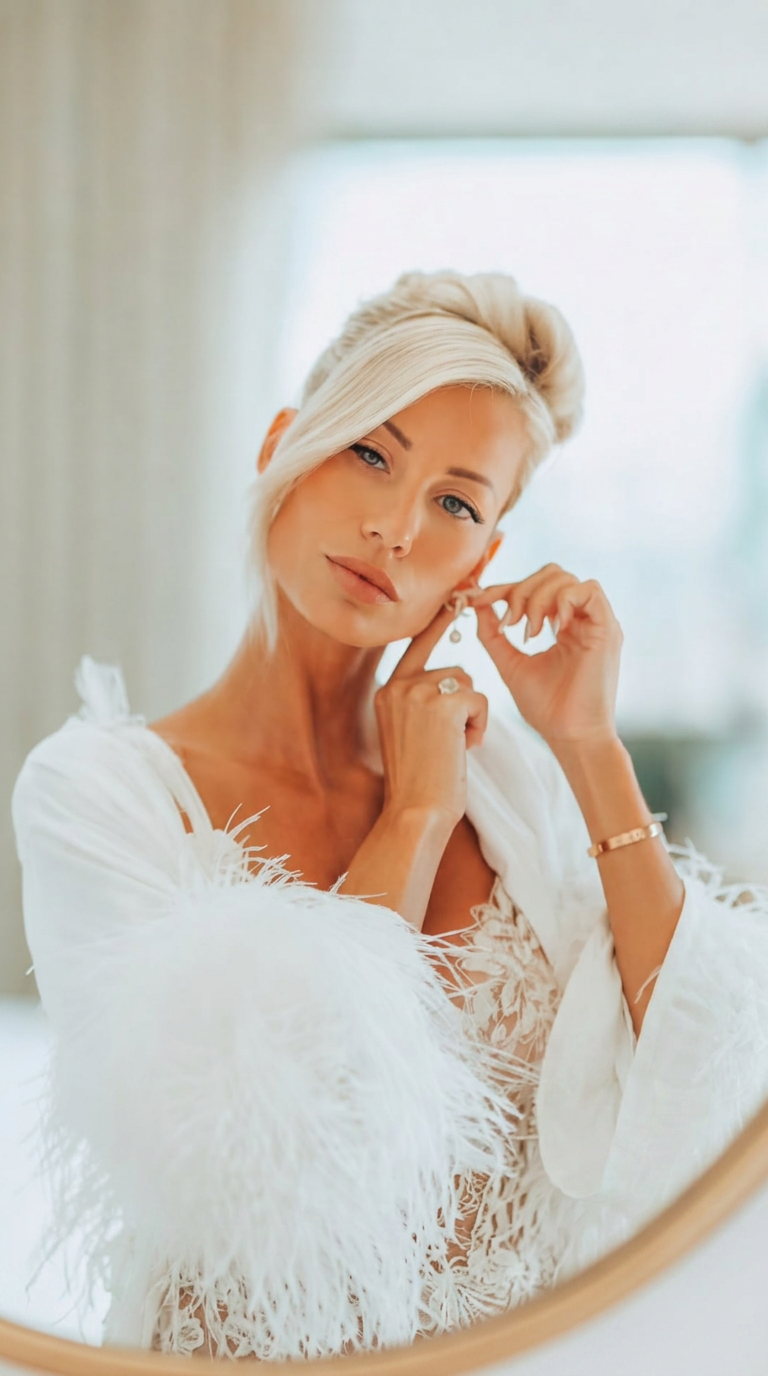 Blonde bride with a voluminous sculpted updo and side-swept fringe